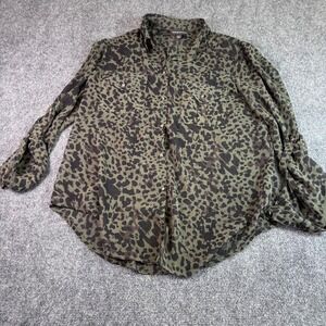 Rock & Republic Button Down Shirt Womens L Green Leopard Studded Roll Tab Blouse